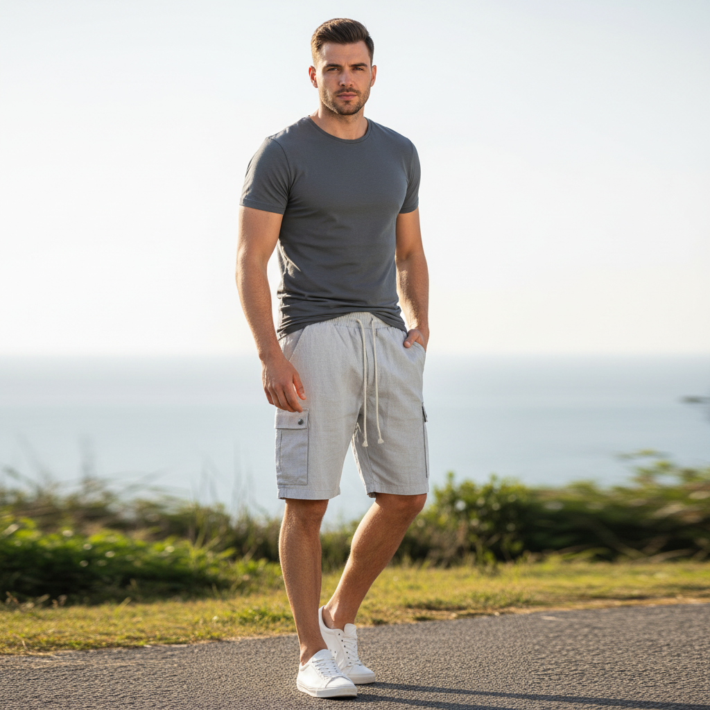 Herren Cargo-Bermuda Leinen-Baumwollmix mit Tunnelzugbund